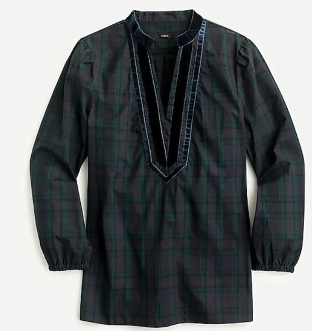 J. Crew Plaid Velvet Christmas Tunic Blouse Green Navy Blue Size Small NEW